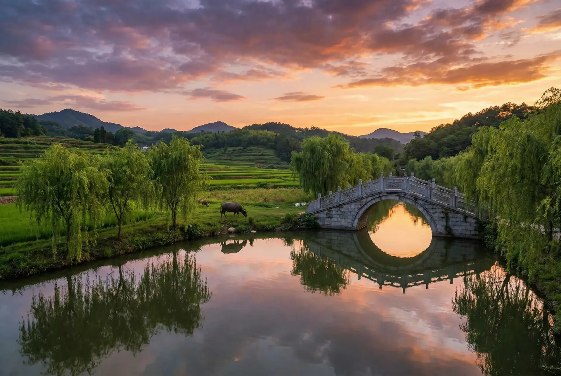 夕阳下的石拱桥与垂柳，水牛在河边吃草 - 巴巴鱼影视 乡村美景